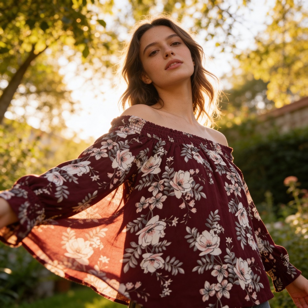 Ivory Love Burgundy Floral Off The Shoulder Smocked Blouse Top Womens L boho‎